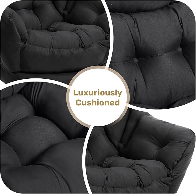 HollyHOME Modern Fabric Large Lazy Chair, Accent Oversized Comfy Reading Chair, Thick Padded Cozy Lounge Chair with Armrest, Leisure Sofa Chair for Living Room, Bedroom, Dorm, Matte Black