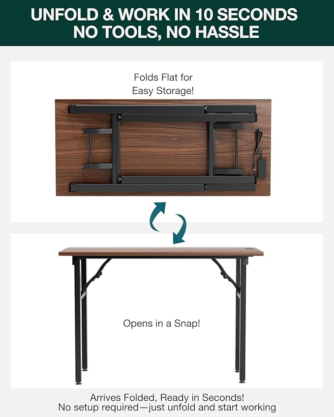 Frylr Small Folding Computer Desk – 43.3 Inch Portable Table for Craft and Study, Lightweight Desk for Small Spaces, Foldable Laptop Table Built-in AC/USB Outlets for Convenience, Dark Walnut