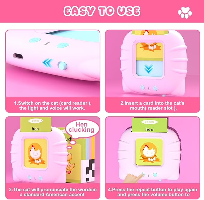 Toddler Talking Flash Cards for 1 2 3 4 5 Year Old Boys and Girls - Language Sensory Learning Device with 224 Sight Words - Montessori,Pocket Speech Therapy,Autism Toys,Christmas Birthday Gift - Pink