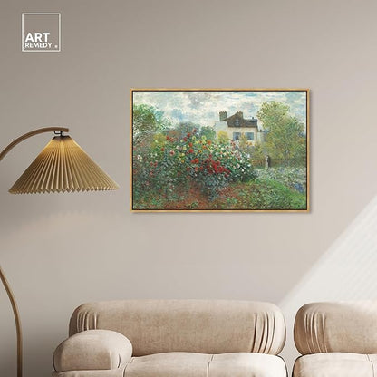 Art Remedy Monet-Garden With Dahlias Impressionism Classic Landscape Paintings Canvas Wall Art, Gold Floater Frame, 36"x54"