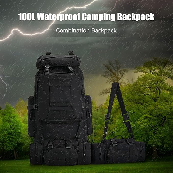 100L Camping Hiking Backpack,Molle military Tactical rucksack backpack,Waterproof Lightweight Hiking Backpack (Black)