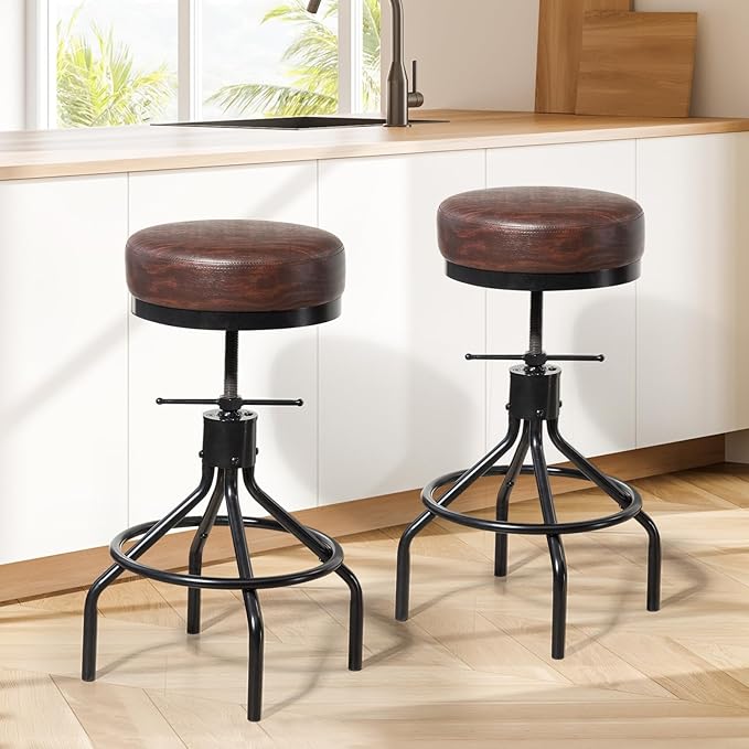 Counter Height Bar Stools Set of 3 Adjustable Swivel Barstools Industrial Modern PU Leather 28inch Round Backless Counter Height Stool Metal Bar Chair for Kitchen Island (3, Walnut)