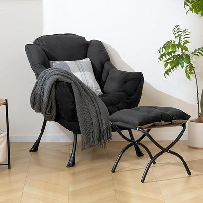 HollyHOME Lazy Chair with Foldable Ottoman,Accent Comfy Lounge Arm Chair and Folding Footrest Stool Set,Leisure Sofa Reading Chair and Footstool for Living Room,Bedroom, Dorm,Peachskin Fabric Black