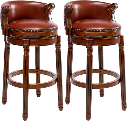 Cow top Leather Wooden Set of 2 Bar Stools, 29.5" Bar Height Bar Chair with Back, 180 Degrees Swivel Barstools Chair for Home Kitchen Counter,Dining Room, Restaurant,Study and Pub