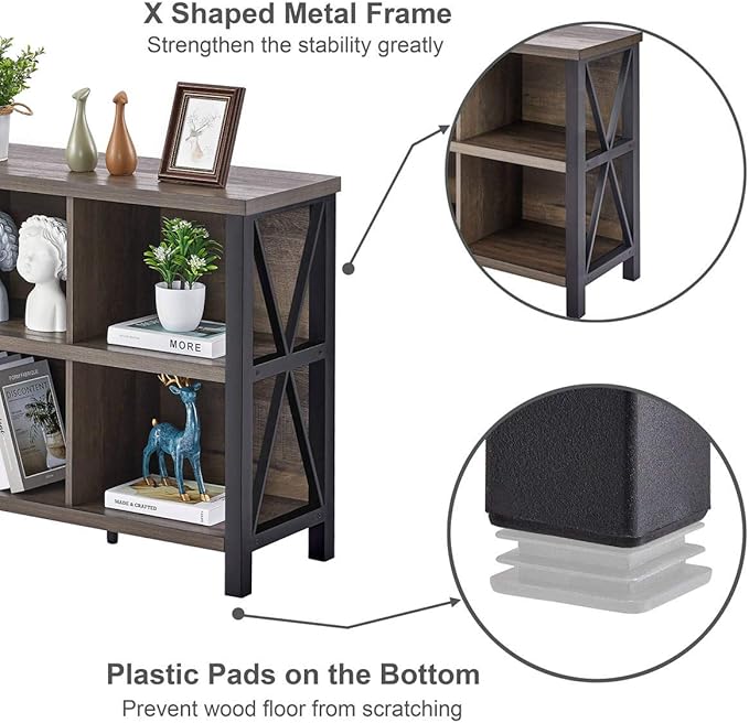 FATORRI 8 Cube Storage Organizer Bookshelf, Rustic Wood Cubby Bookcase, Industrial Horizontal Long Shelf for Living Room (Walnut Brown, 62 Inch)