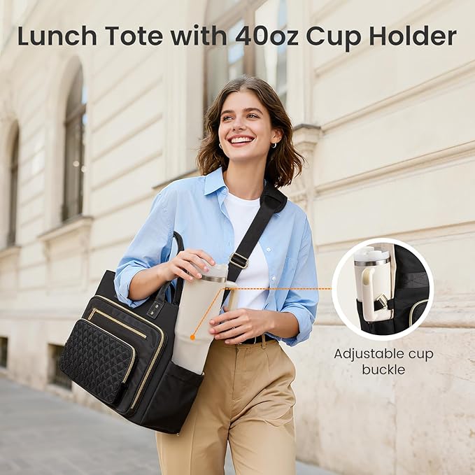 LOVEVOOK Insulated Lunch Tote Bag for Women, Large Capacity Work Bag with Laptop Compartment & Cup Holder, Water Resistant Nurse Tote for Office, Leakproof Crossbody Handbag, 15.6 Inch Black-Purple