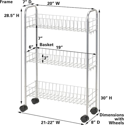Household Essentials Slim Storage Cart, 3 Shelf Storage Cart with Wheels, Perfect for Laundry Rooms, Bathrooms, Pantries, Kitchens and More