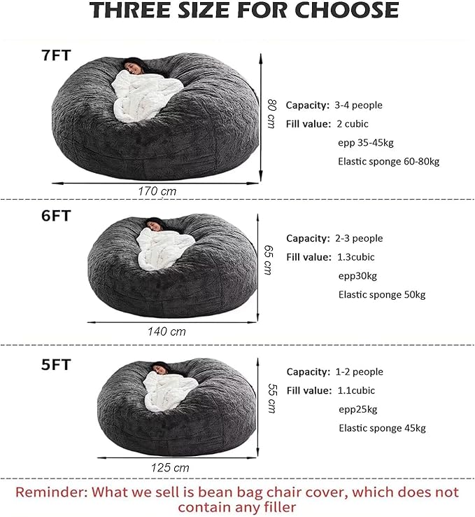 BCU Oversized Bean Bag Cover Comfy Beanbag Chair for Adults Without Filler Faux Fur Lazy Sofa Cover for Living Room Chairs, Grey, 5FT