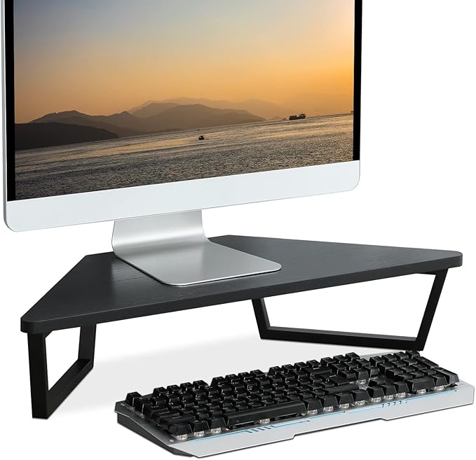TEAMIX 26 inch Triangle Monitor Stand Riser, Desktop Corner Shelf with Metal Leg Wood Computer Stand with Storage Laptop Riser Office Organization