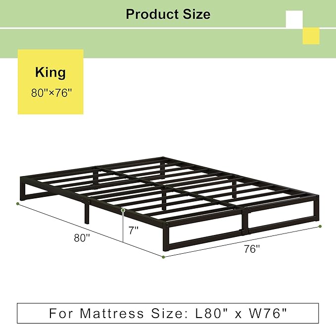 EMODA 7 Inch King Size Bed Frame No Box Spring Needed, Heavy Duty Metal Platform with Steel Slats, Noise Free, Easy Assembly, Black