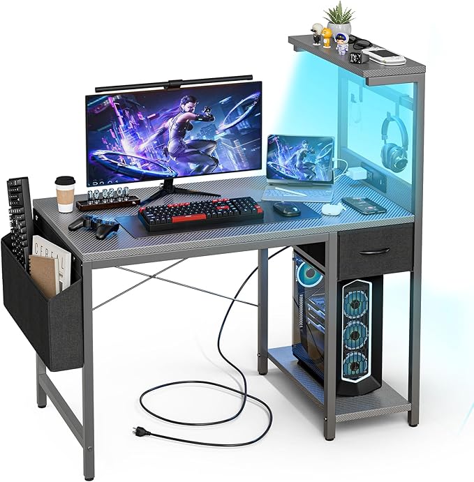 Gaming Desk 55 Inch with Power Outlet and LED Light, Computer Desk with Reversible Shelves and Storage Drawer, Pc Small Desk for Home Office Table with Bag, Carbon Fiber Grey