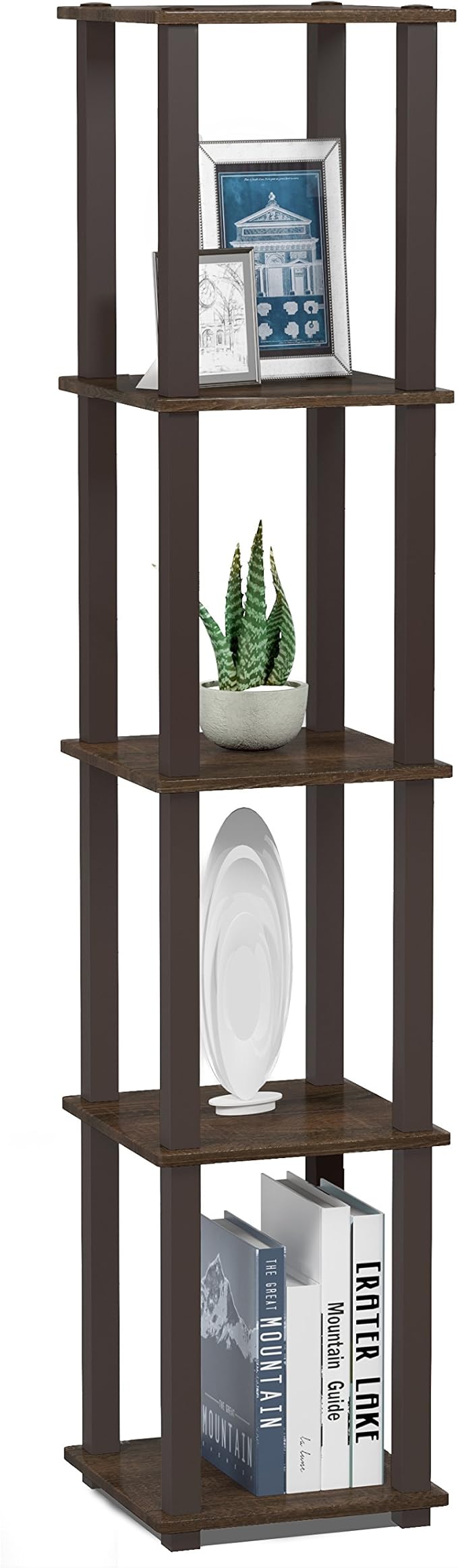 FURINNO Turn-S-Tube 5-Tier Corner Square Rack Display Shelf, Walnut/Brown
