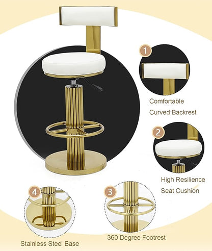 FUNROLUX Counter Height Bar Stools with Back, Modern Adjustable Height Barstools Swivel Bar Chairs with Polished Gold Stainless Steel Legs and Comfortable Cushion for Kitchen Island Counter (White)