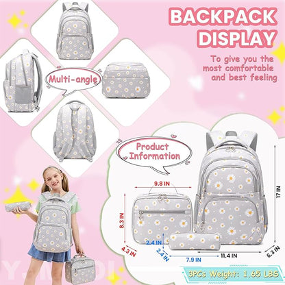YJMKOI 3Pcs Daisy Prints Backpack for Girls Middle-School Elementary Students Bookbag Set with Lunch Box (Black)