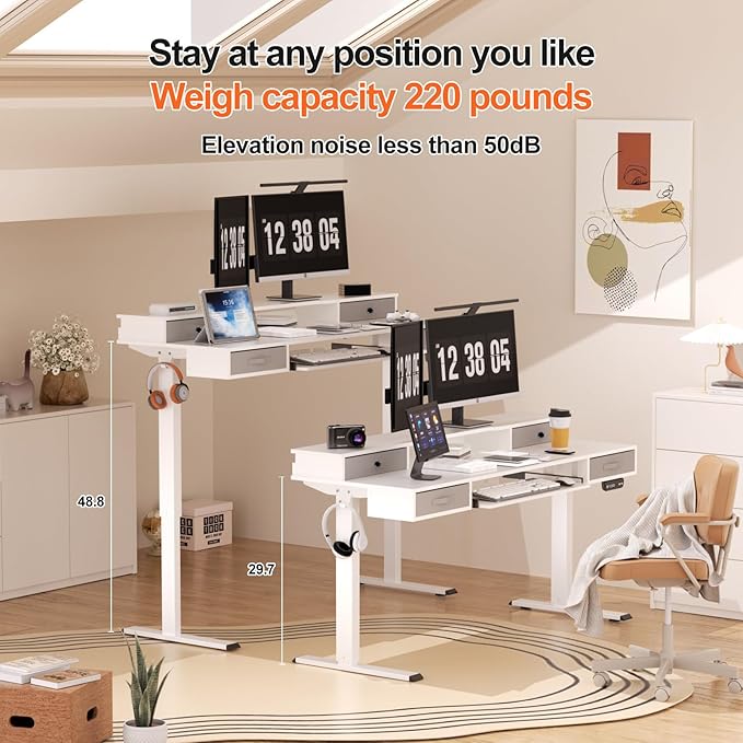 Electric Standing Desk, 55" Standing Desk Adjustable Height, Multifunctional Standing Table with 4 Drawers, Ergonomic Adjustable Standing Desk with Keyboard Tray, Snow White