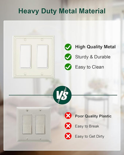 2-Pack Double Decorator Outlet Cover Plate, Light Almond Pearls Decorative Switch Plates Covers, Metal Wall Plates for Electrical Outlets, Receptacle, GFCI Outlet, Dimmer Switch