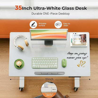 35inch Glass Standing Desk，90° Tiltable Mobile Rising Desk Height Adjustable，Whole Piece Rolling Sit Stand Table with Wheels，Foldable Small Laptop Desk，White