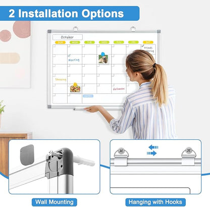 Dry Erase Calendar Whiteboard for Wall, WALGLASS 36" x 24" Magnetic White Board, Monthly Dry Erase Calendar with Silver Aluminum Frame, Double-Sided Hanging Portable Board for Office, Home, School
