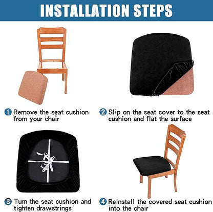 Smiry Velvet Seat Covers for Dining Room Chair Set of 6, Stretch Fit Removable Washable Chair Seat Cushion Protector Slipcovers with Ties, Black