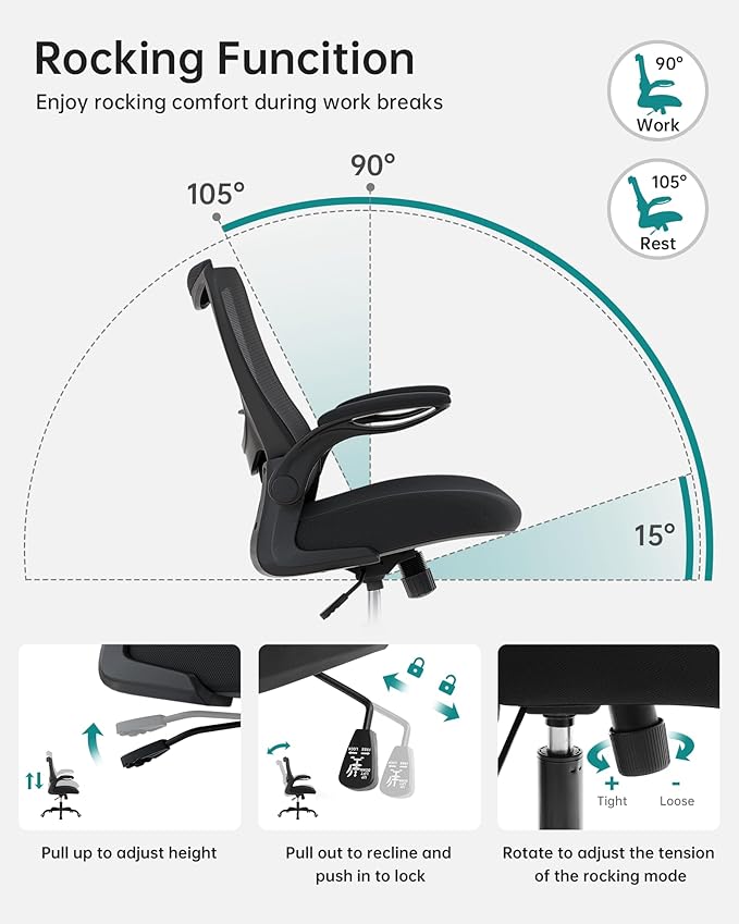 Office Chair, Ergonomic Desk Chair with Adjustable Lumbar Support and Flip up Armrest, Breathable Mesh Computer Chair for Home Office, Black