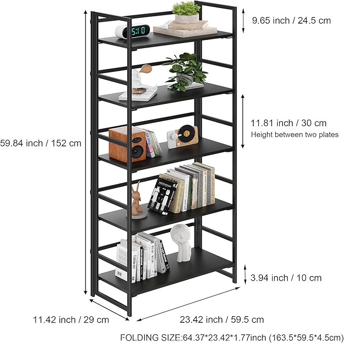 BHG Vintage Multifunctional Folding Bookshelf, No-Assembly Plant Stand Storage Rack Shelves for Home Office (All Black, 5-Tier)