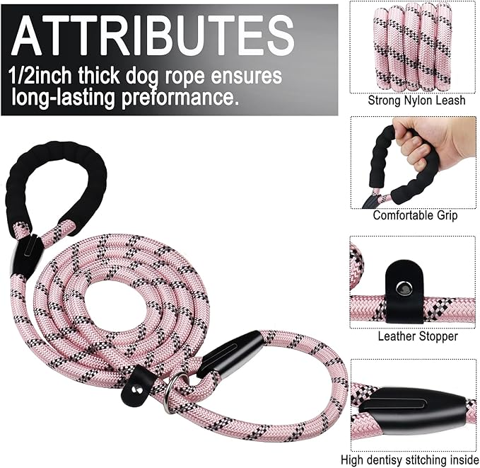 6 FT Dog Leash, Durable Premium Quality Strong Training Rope Slip Leash with Comfortable Padded Handle and Highly Reflective Threads for Small Medium and Large Dogs, (Light Pink)