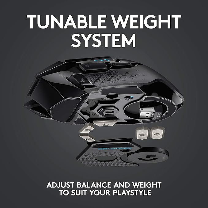 Logitech G502 Lightspeed Wireless Gaming Mouse with Hero 25K Sensor, PowerPlay Compatible, Tunable Weights and Lightsync RGB - Black