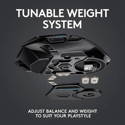 Logitech G502 Lightspeed Wireless Gaming Mouse with Hero 25K Sensor, PowerPlay Compatible, Tunable Weights and Lightsync RGB - Black
