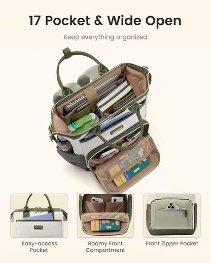 LOVEVOOK Laptop Backpack for Women with Giant Tumbler Holder,15.6 inch Professional Nurse Teacher Backpack Computer Laptop Bag,Cute Travel Backpack Purse Work College Bag,Beige-Bean green-Army green
