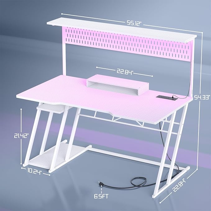 Armocity 53'' White Gaming Desk with Hutch and LED Lights, Gaming Computer Desk with Storage Shelves & Z-Shaped Legs, Reversible PC Game Desk with Pegboard for Bedroom, Carbon Fiber Surface