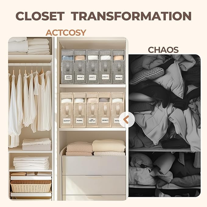 6 Pack Sheet Organizers and Storage with Handles – Foldable Linen Closet Storage for King & Queen Sheet Sets – Clear Window & Removable Labels – Dustproof & Space-Saving Design, Beige