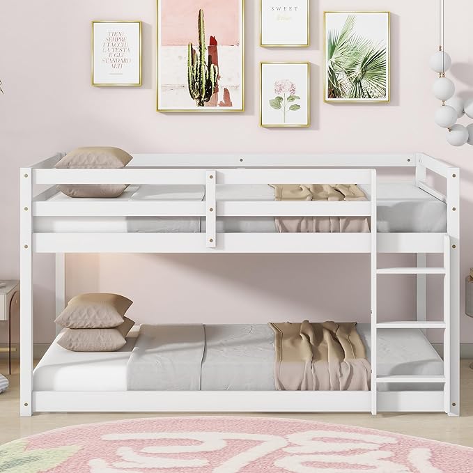 HomSof Twin Over Twin Low Floor Loft Bed with Guard Rails for Dormitory Bedroom,Bottom Without Bed slats,White