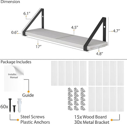 Wallniture Ponza 17'' x 4.5'' Floating Wall Shelf Bathroom, Small Wood Book Shelves for Wall Storage, Wall Mounted Shelf, Dining Room, Bedroom, Living Room, Office & Kitchen Organization, White, 15pcs