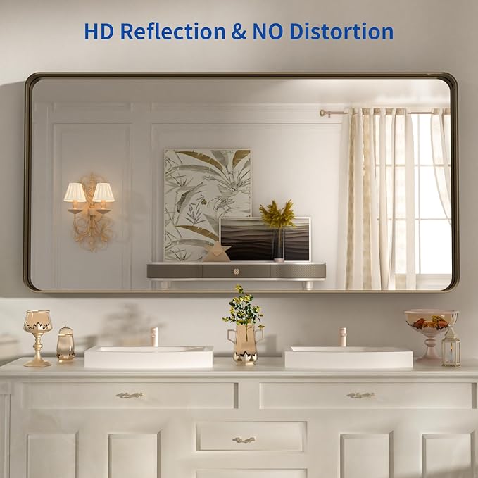WEER 60x36 Inch Bronze Bathroom Mirror for Vanity, Brushed Bronze Metal Frame Mirror for Wall, Rounded Rectangle Bronze Frame Mirror with Tempered Glass, Anti-Rust (Horizontal/Vertical)