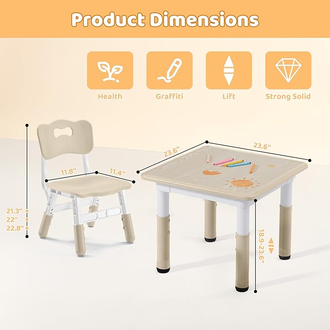 Kids Table & Chairs Set (2 Chairs) Height Adjustable for Ages 2-8 | Non-Slip Toddler Activity Table with Wipe-Clean Desktop, Montessori Learning & Art Drawing Table for Home Preschool