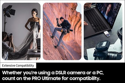Samsung PRO Ultimate Full Size Memory Card+USBReader, 256GB SDXC, Up to 200 MB/s, 4K UHD, UHS-I, C10, U3, V30, A2 for DSLR, Mirrorless Cameras, PCs, MB-SY256SB/AM