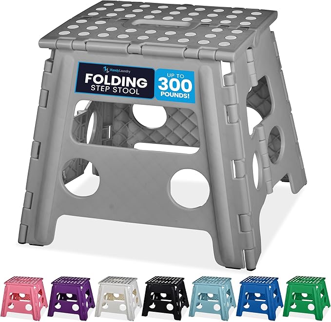 Handy Laundry Folding Lightweight Step Stool - Sturdy Enough to Support Adults and Safe Enough for Kids - Opens Easy with One Flip - Great for Kitchen, Bathroom or Bedroom (Grey - 13 inch)