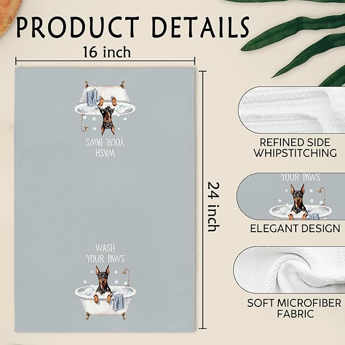 Funny Doberman Pinscher Dog Hand Towels for Bathroom, Doberman Pinscher Dog Decorative Hand Towels, Wash Your Paws Dish Tea Towel for Kitchen Bathroom Decor, Dogs Gifts Women Men, 16x24 Inch