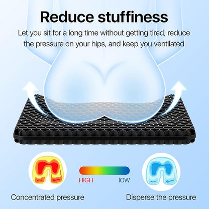 Gel Seat Cushion, Cooling Thick Big Breathable Honeycomb Design Absorbs Pressure Points Seat Cushion with Non-Slip Cover for Office Chair Home Cars Wheelchair