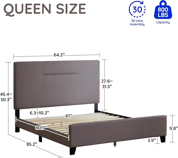 Livinia Amelia Queen Size Platform Bed, Fabric Upholstered Queen Bed Frame with Height Adjustable Headboard Footboard, Strong Wood Slats, No Box Spring Needed, Brown