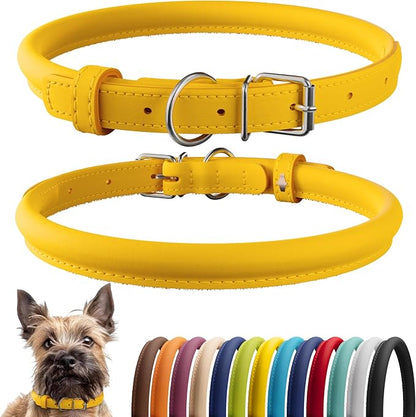 CollarDirect Rolled Leather Dog Collar, Soft Padded Round Puppy Collar, Handmade Genuine Leather Collar Dog Small Large Cat Collars 13 Colors (6 Inch, Yellow Smooth)
