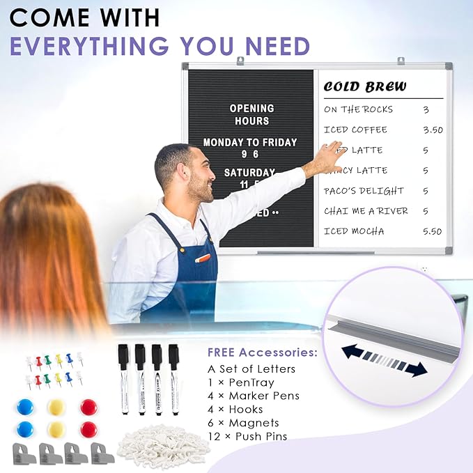 S SWANCROWN Felt Board White Board Combo/Letter Board/Dry Erase Whiteboard for Office, Classroom Home, Black, 24x18 Inch