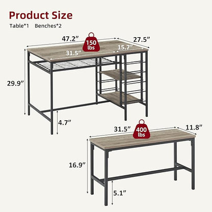 IDEALHOUSE Dining Table Set for 4, Kitchen Table Set for 4 with 2 Benches, Rectangular Dining Room Table Set with Wine Rack, 3 Piece Dining Table Set for Small Space Apartment, Grey