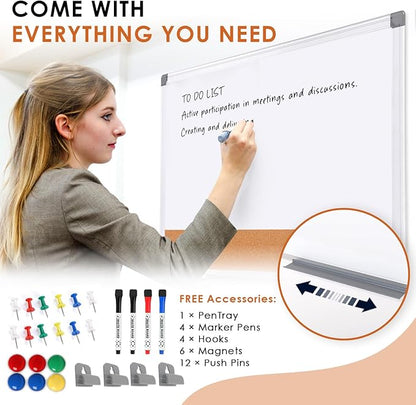 S SWANCROWN Magnetic Dry Erase and Cork Board Combo Hanging Whiteboard Notice Board for Wall Gift Home School Office, 36 x 24 Inches, with Maker/Pins/PenTray/Hooks