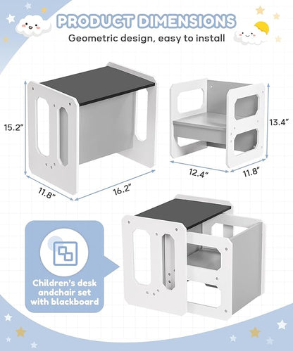 Kids Table and Chair Set, 3-in-1 Wooden Children's Furniture with Blackboard, Water Resistant, Easy to Clean,Toddler Weaning Table for Bedroom, Playroom, Living Room (Grey and Black)