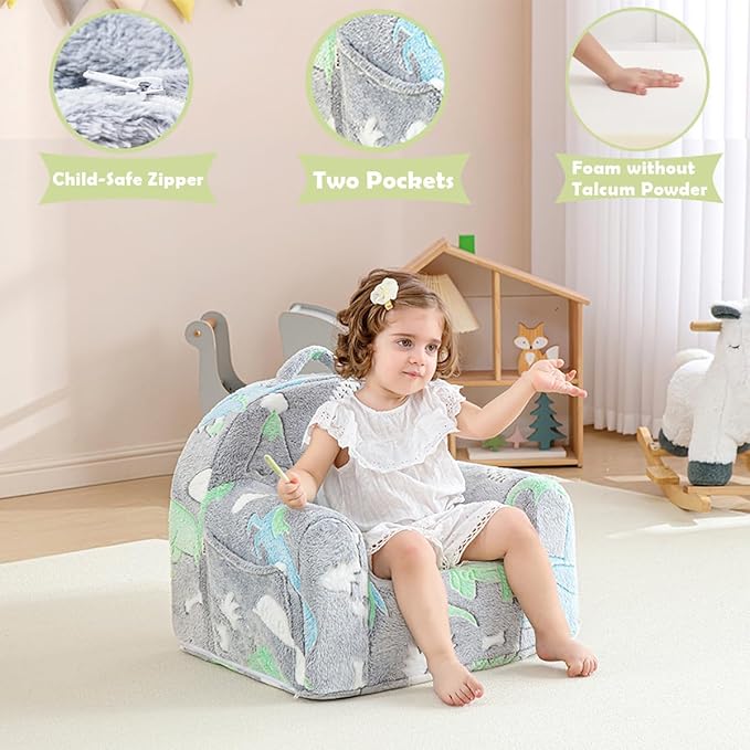 Toddler Chair Comfy,Toddler Couch Fold Out, 2-in-1 Kids Sofa,Flip Out Kids Couch,Sofa Convertible,Children Reading Chair for Age 1-3(Grey Dino)