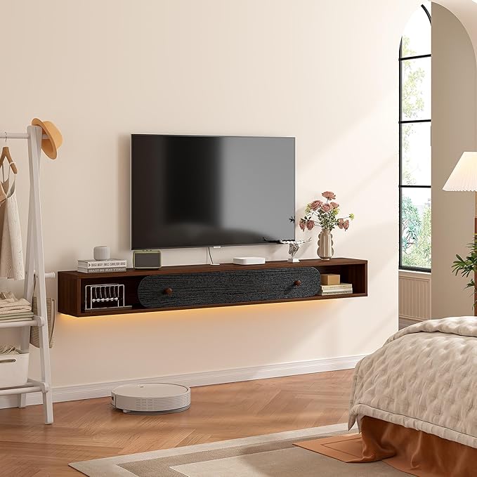 Floating TV Stand Wall Mounted 70'', Modern Media Console with 2 Open Cabinets and 1 Door,Wall Mount TV Console for Living Room Bedroom,Walnut and Black