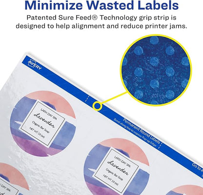 Avery Printable Round Labels with Sure Feed, 2" Diameter, Glossy White, 600 Customizable Labels (22807)