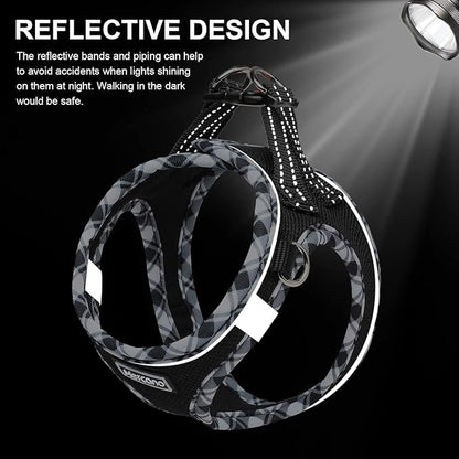 Mercano Soft Mesh Dog Harness and Leash Set, No-Chock Step-in Reflective Breathable Lightweight Easy Walk Vest Harnesses with Safety Buckle for Small Dogs, Cats (Black White, L)