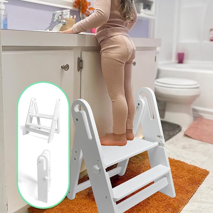 WOOD CITY Step Stool Foldable for Toddlers, Adjustable Kids Step Stool for Bathroom Sink Toilet Potty Training Stool with Handles Child Kitchen Counter Stool Helper Montessori Kitchen Stools